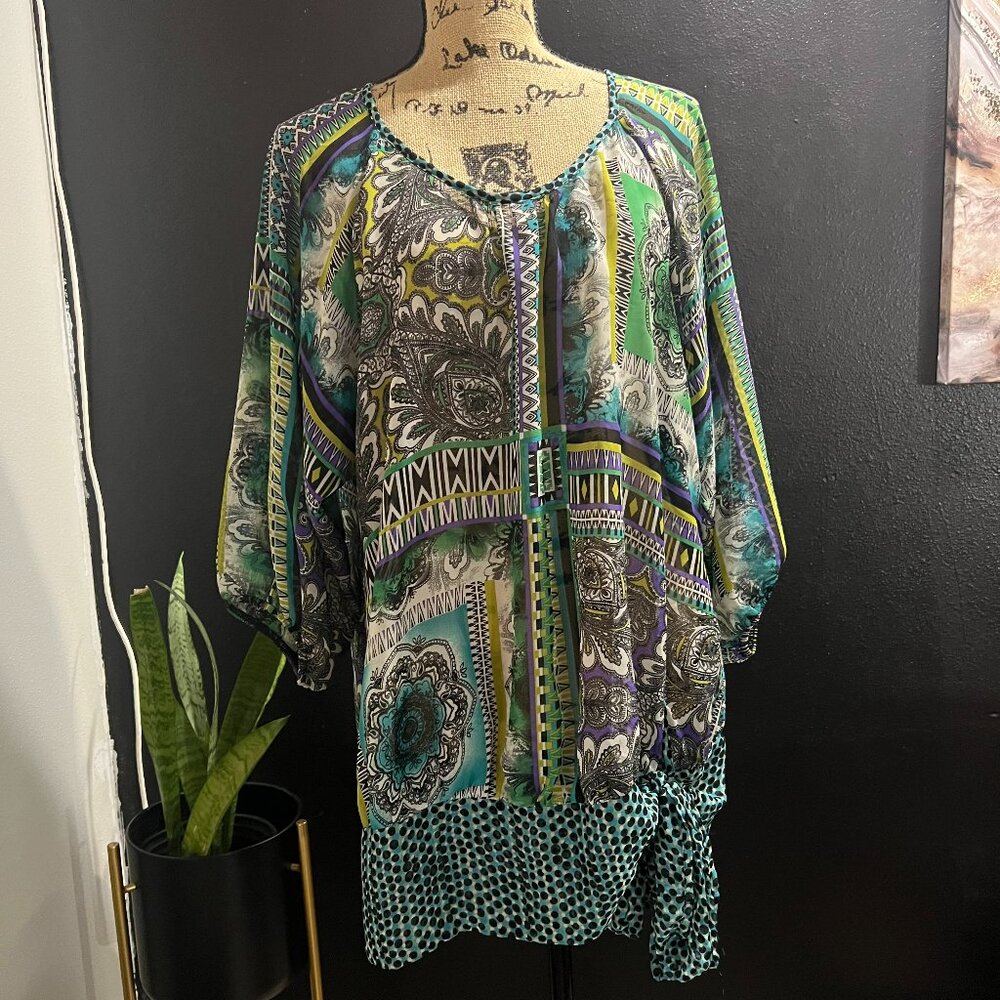 Figueroa & Flower Womens 1X Green‎ Paisley Geometric Mixed Print Blouse Top